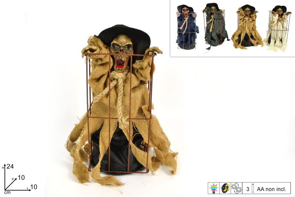 DECORAZIONE HALLOWEEN – Scheletro In Gabbia Con Movimento Luce E Suono