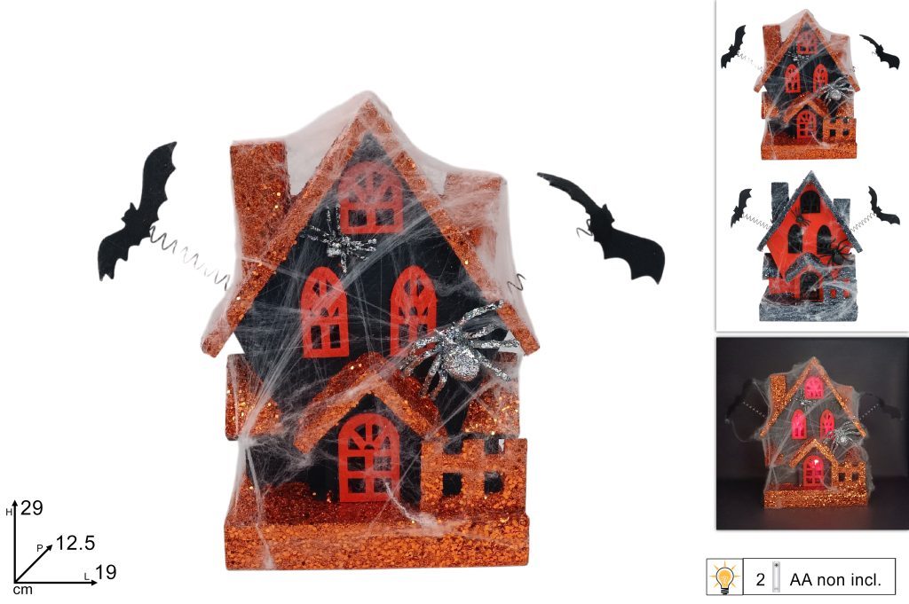 DECORAZIONE HALLOWEEN – Casetta Legno Halloween Con Luci 2 Modelli Assortiti