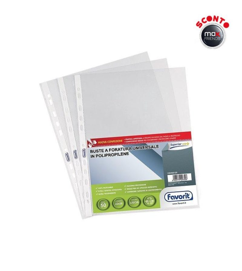 FAVORIT – Buste A Foratura Universale Formato A4 In Polipropilene Finitura Liscia Confezione Da 50 Pz