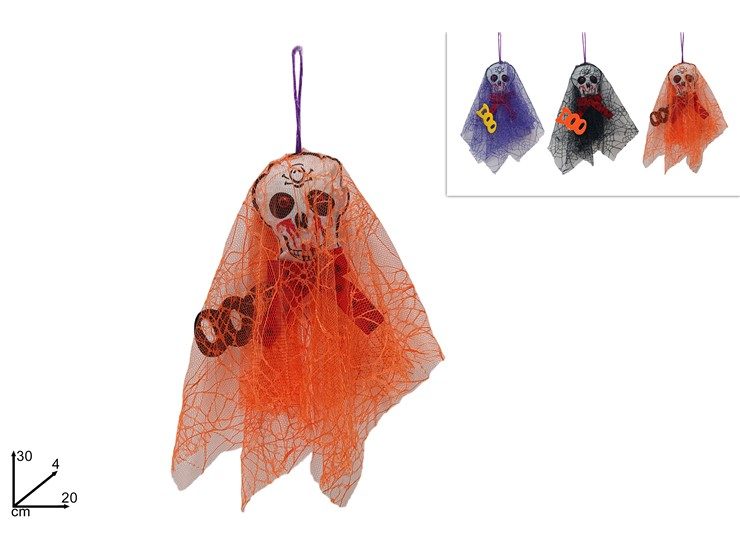 DECORAZIONE HALLOWEEN – Teschio Con Velo Da Appendere 3 Colori Assortiti